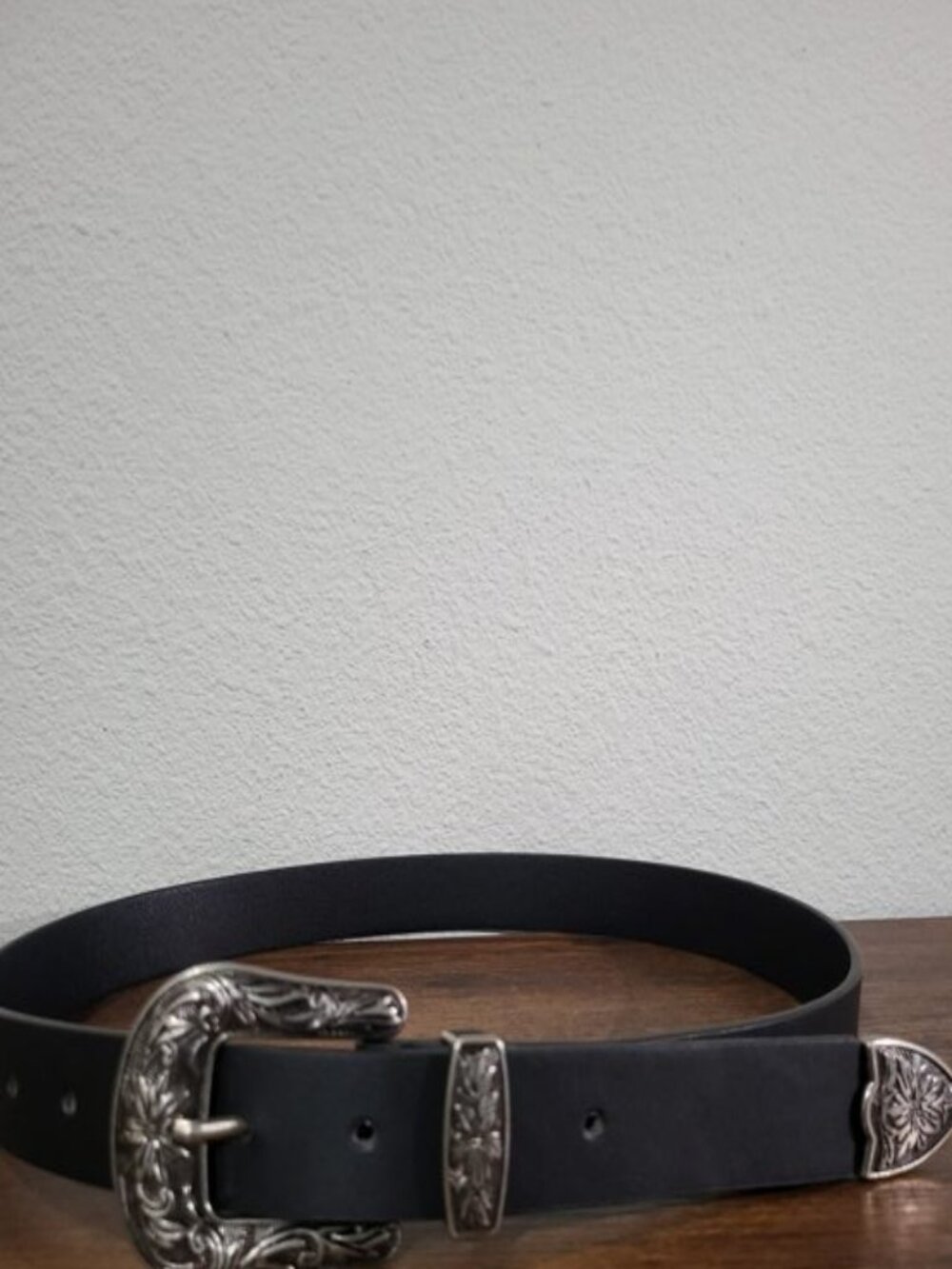 Black Western Belt Engraved Silver Floral Buckle Tip Keeper Set Boho